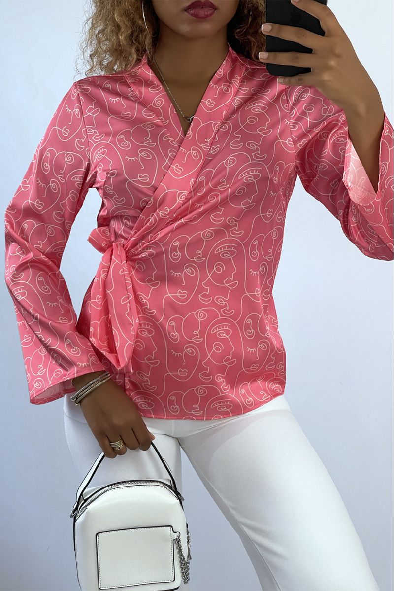 Fuchsia wrap-over shirt with art pattern - 2