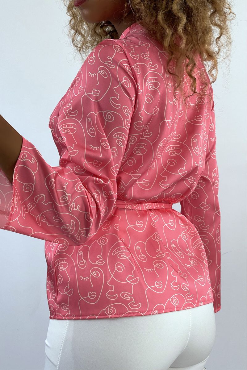 Fuchsia wrap-over shirt with art pattern - 4