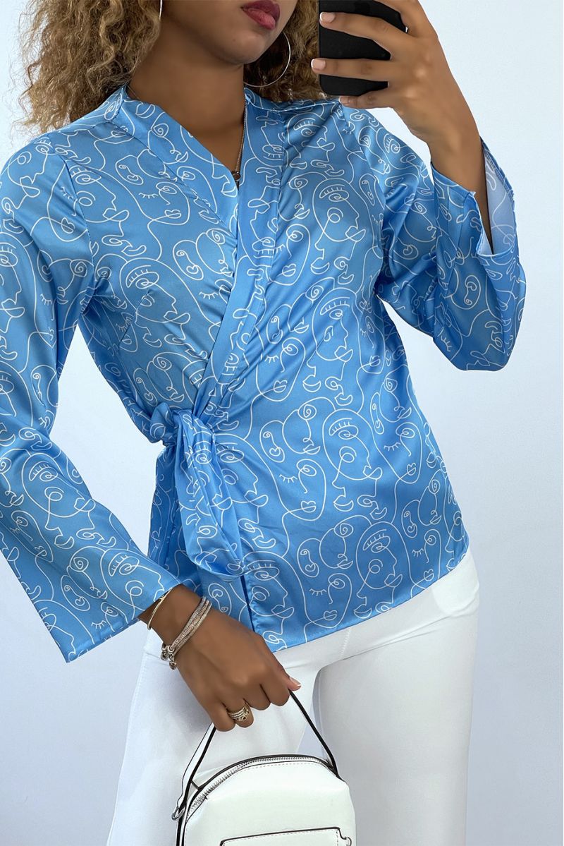 Turquoise Art Print Wrap Shirt - 1