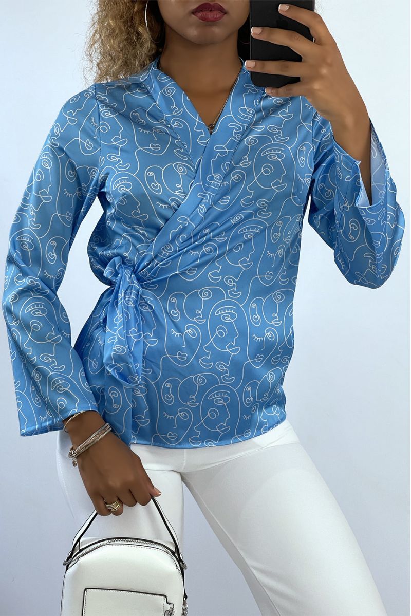 Turquoise Art Print Wrap Shirt - 2