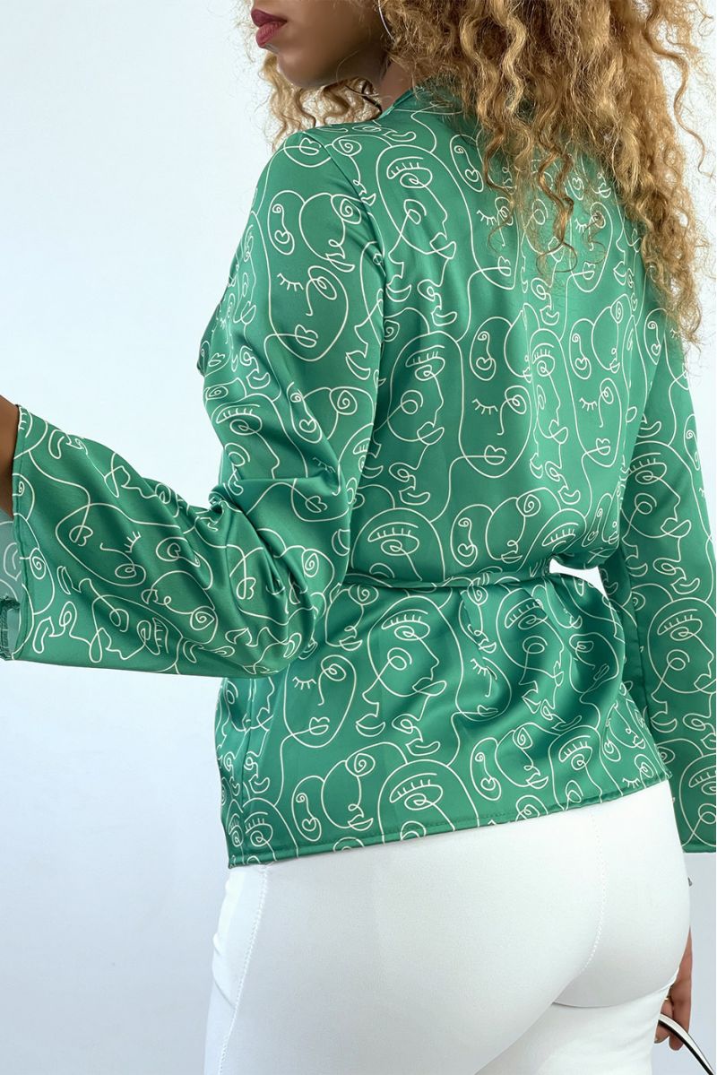 Green Art Print Wrap Shirt - 4