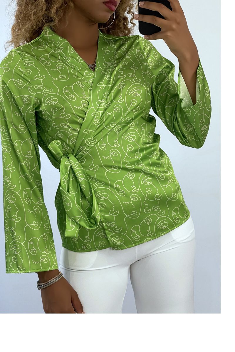 Anise green wrap-over shirt with art pattern - 1