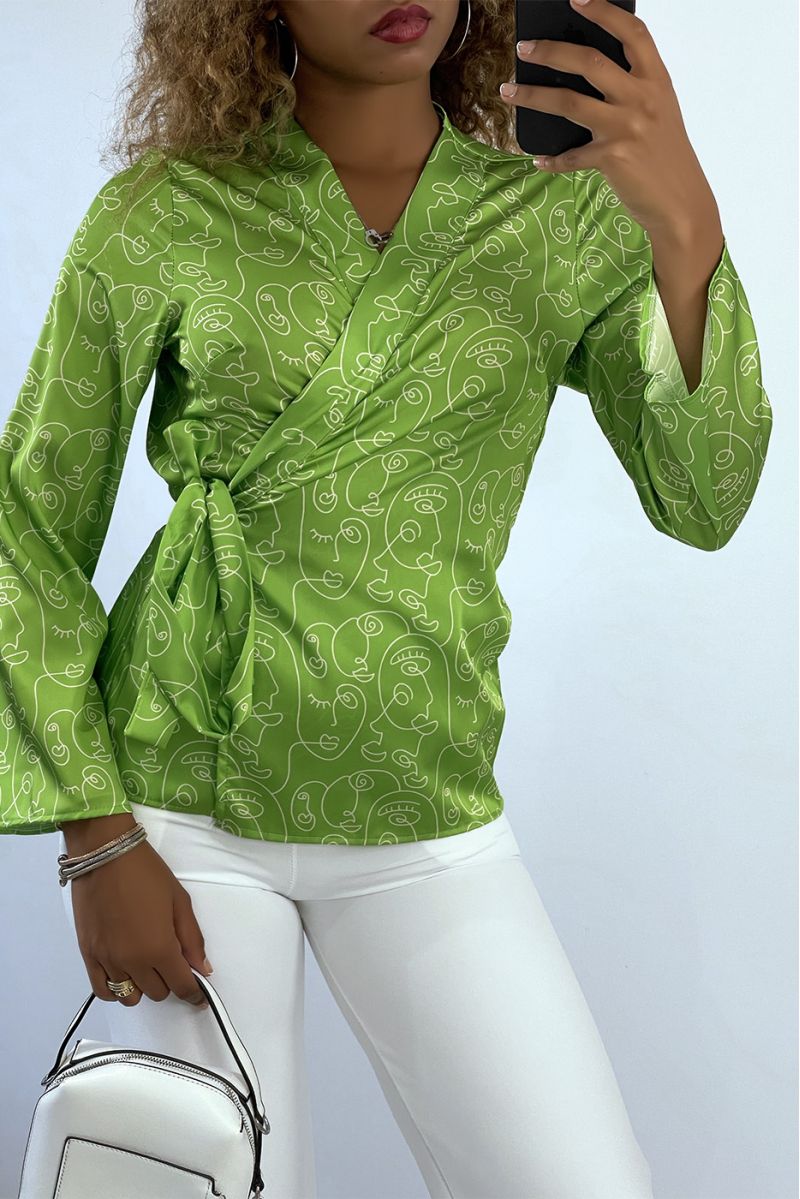 Anise green wrap-over shirt with art pattern - 2