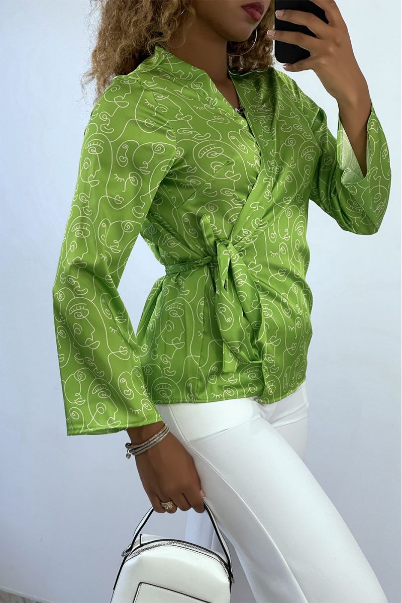 Anise green wrap-over shirt with art pattern - 3