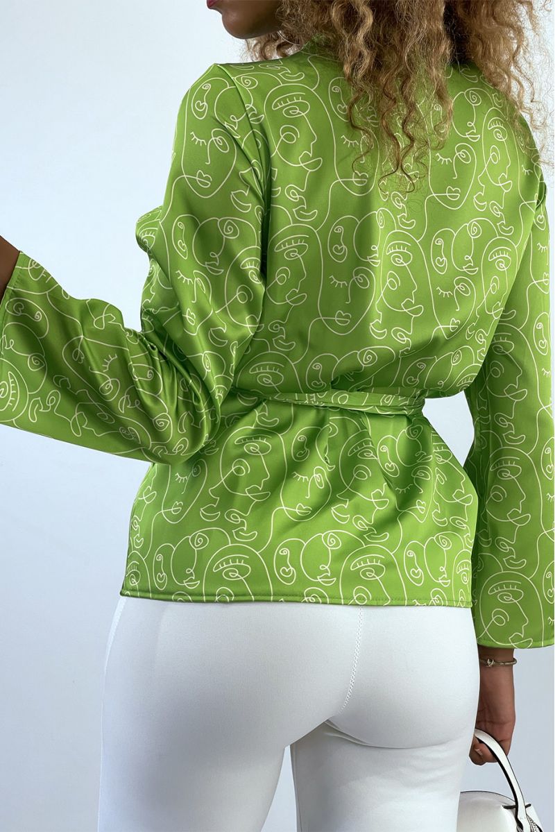 Anise green wrap-over shirt with art pattern - 4