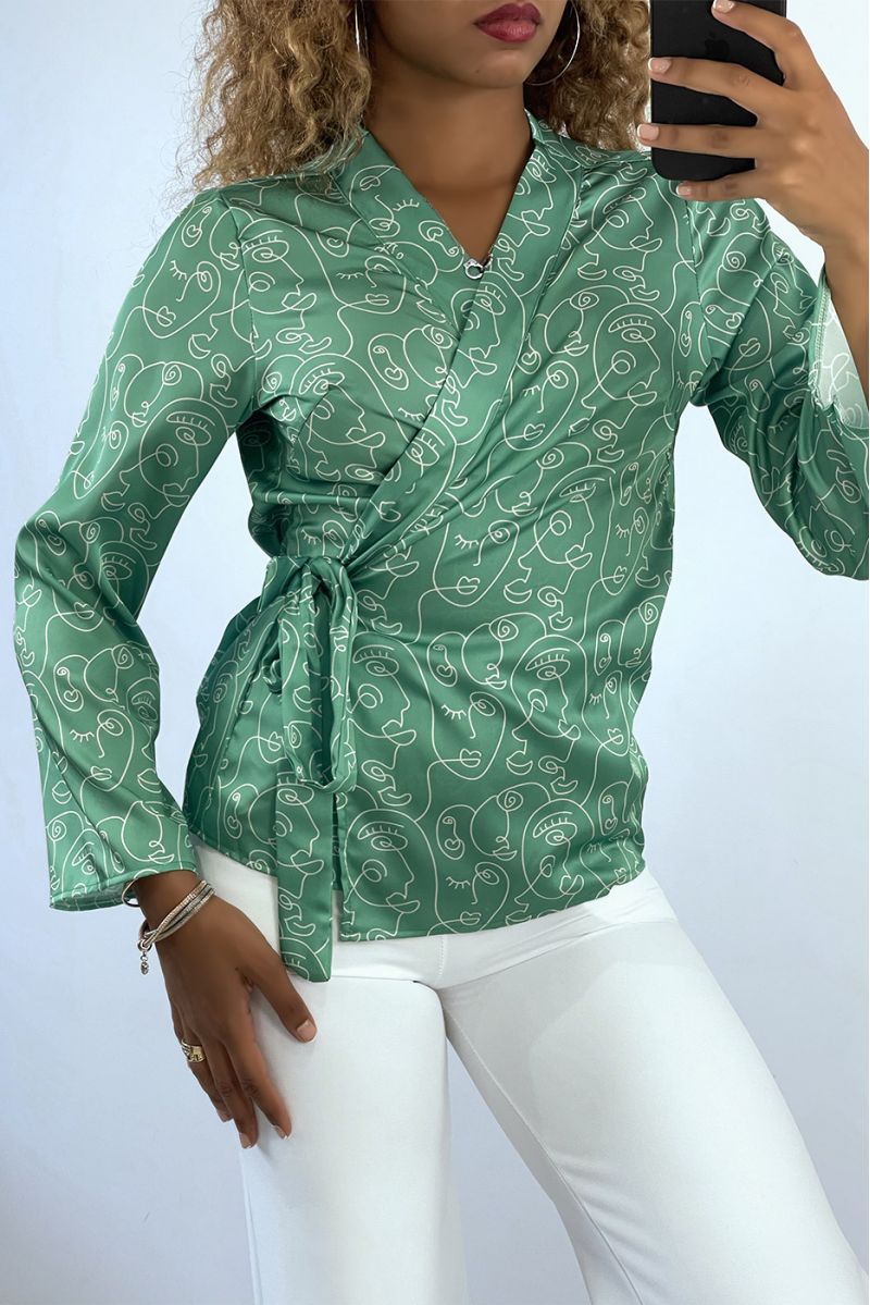 SeSZgreen wrap-over shirt with art pattern - 2