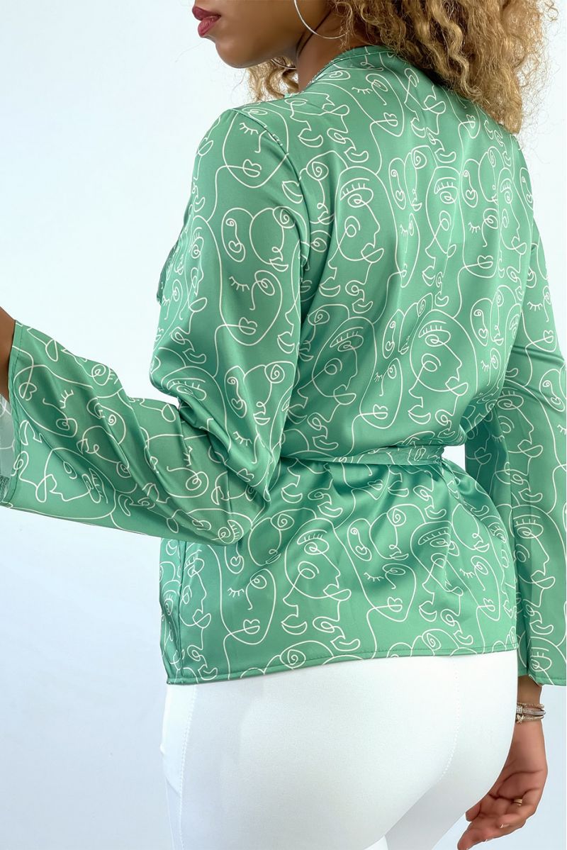 SeSZgreen wrap-over shirt with art pattern - 3