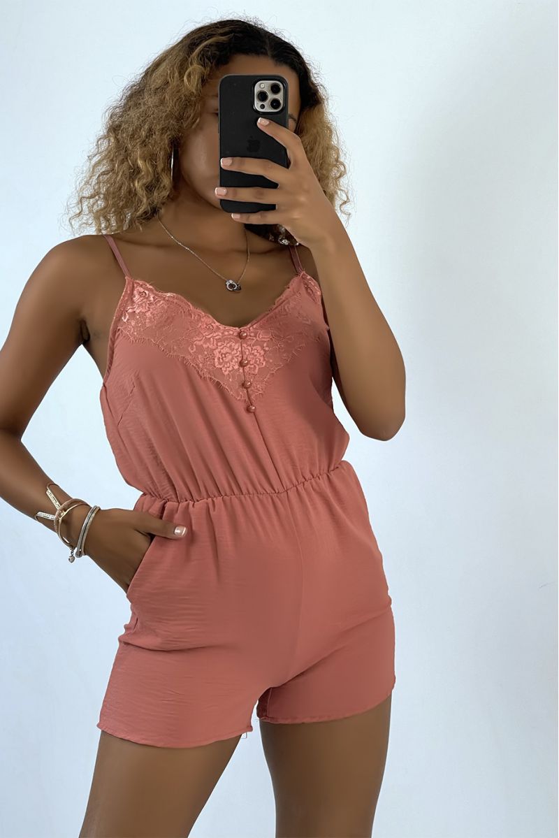 Light dark pink playsuit with thin straps and lace - 1