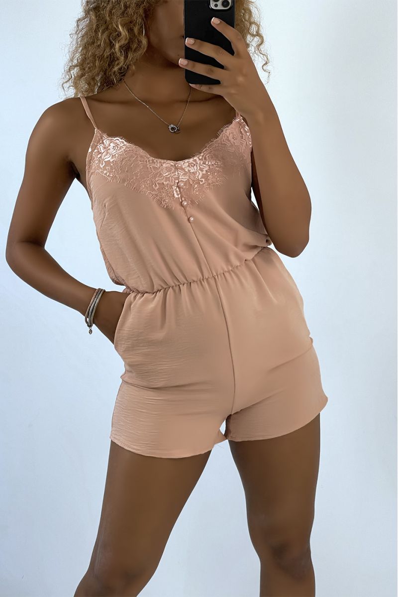 Light powder pink playsuit with thin straps and lace - 1