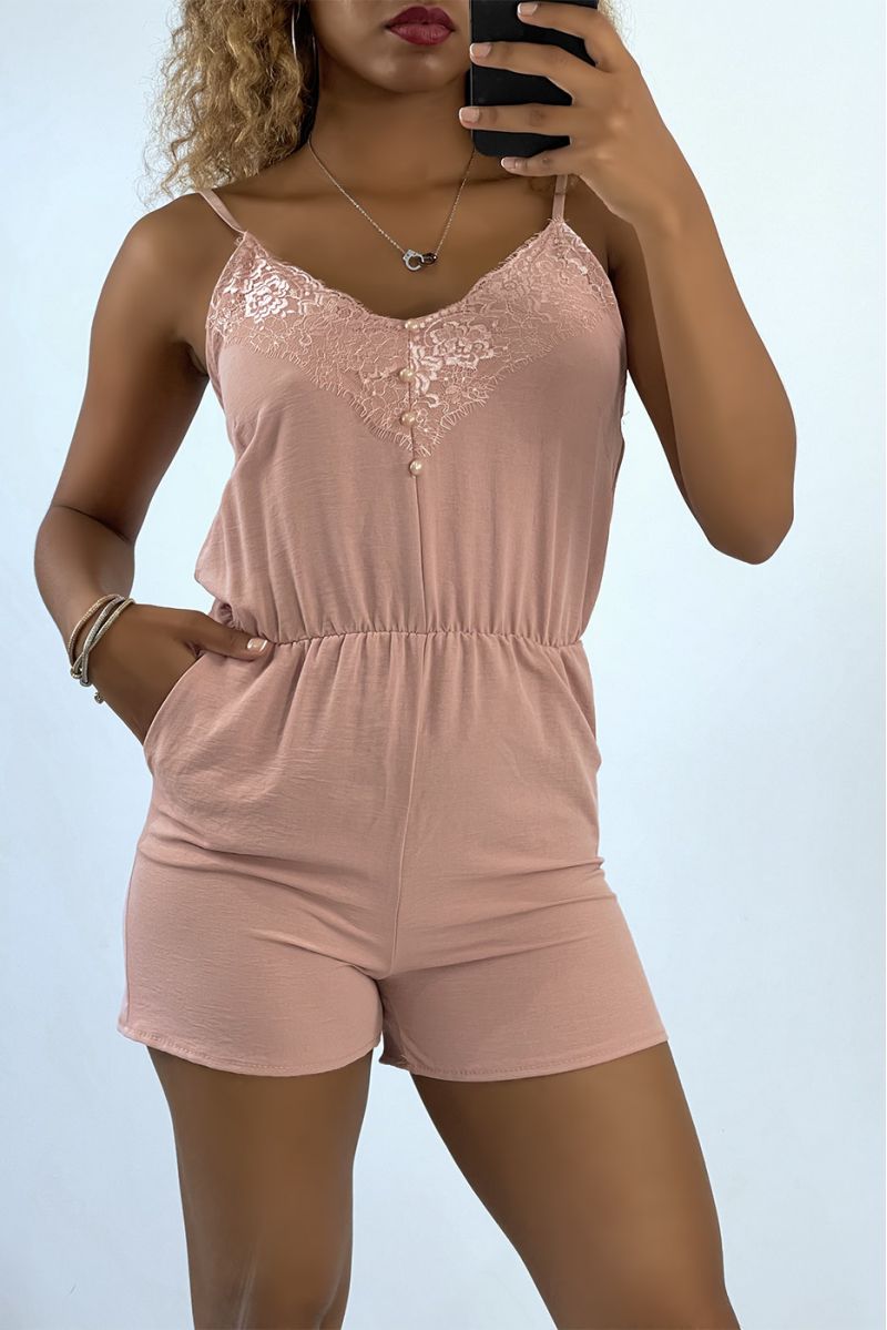 Combishort rose légère à fine bretelles et dentelle - 2