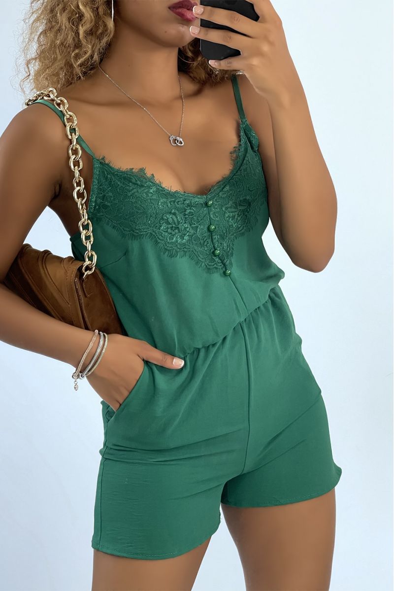 Light green playsuit with thin straps and lace - 2
