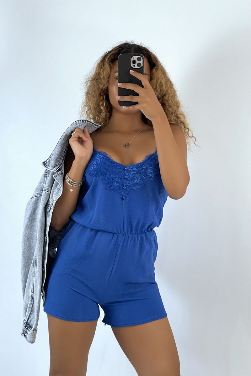 Lightweight royal playsuit with thin straps and lace - 1