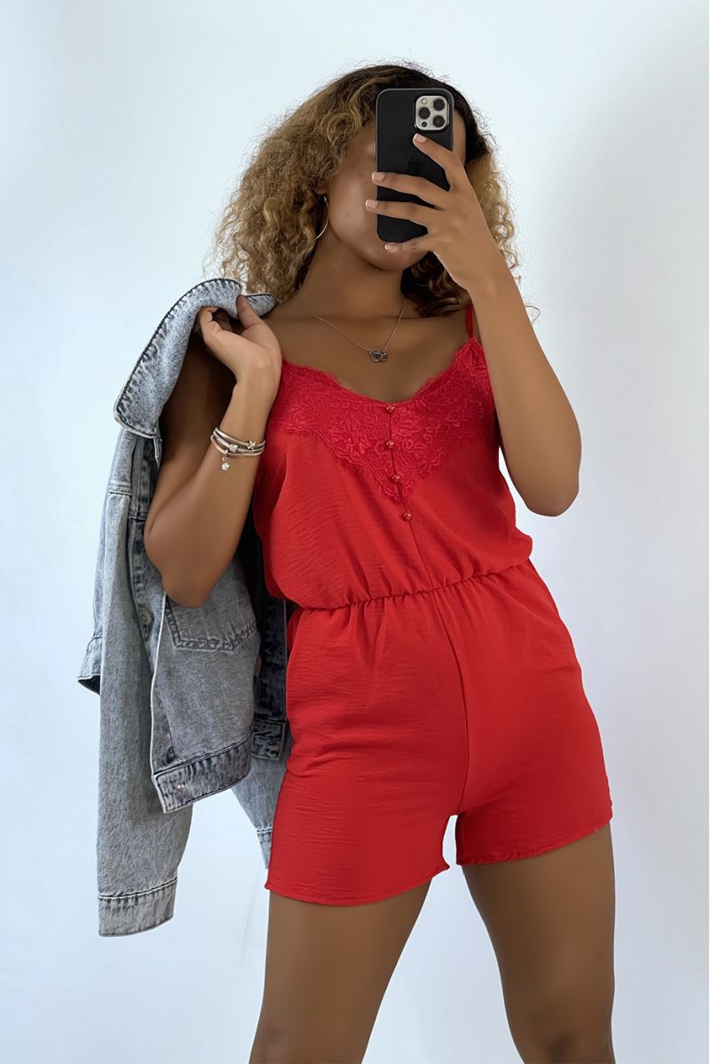 Lichtrode playsuit met dunne bandjes en kant - 1