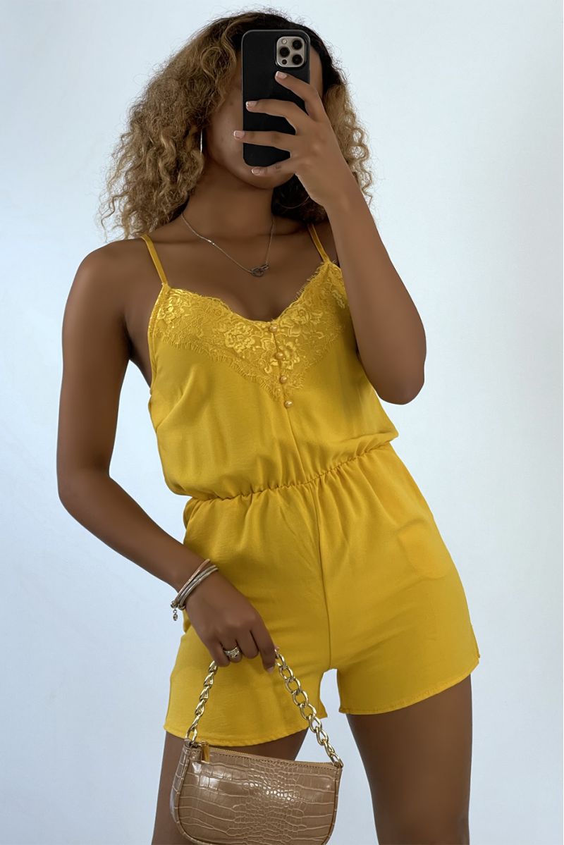 Light mustard playsuit with thin straps and lace - 2