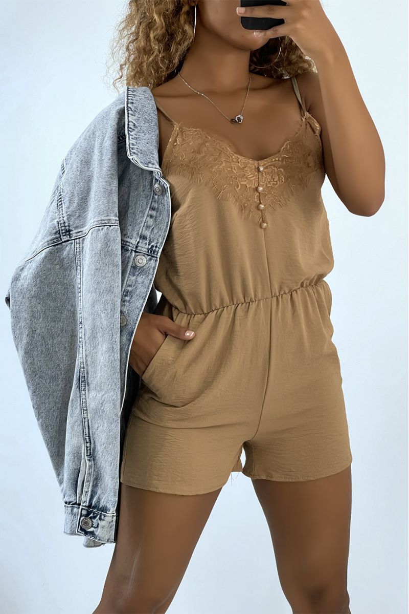 Light taupe playsuit with thin straps and lace - 1
