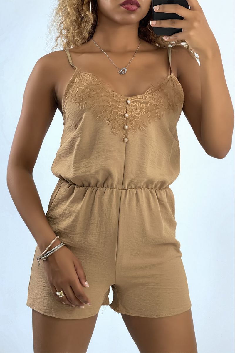 Light taupe playsuit with thin straps and lace - 3