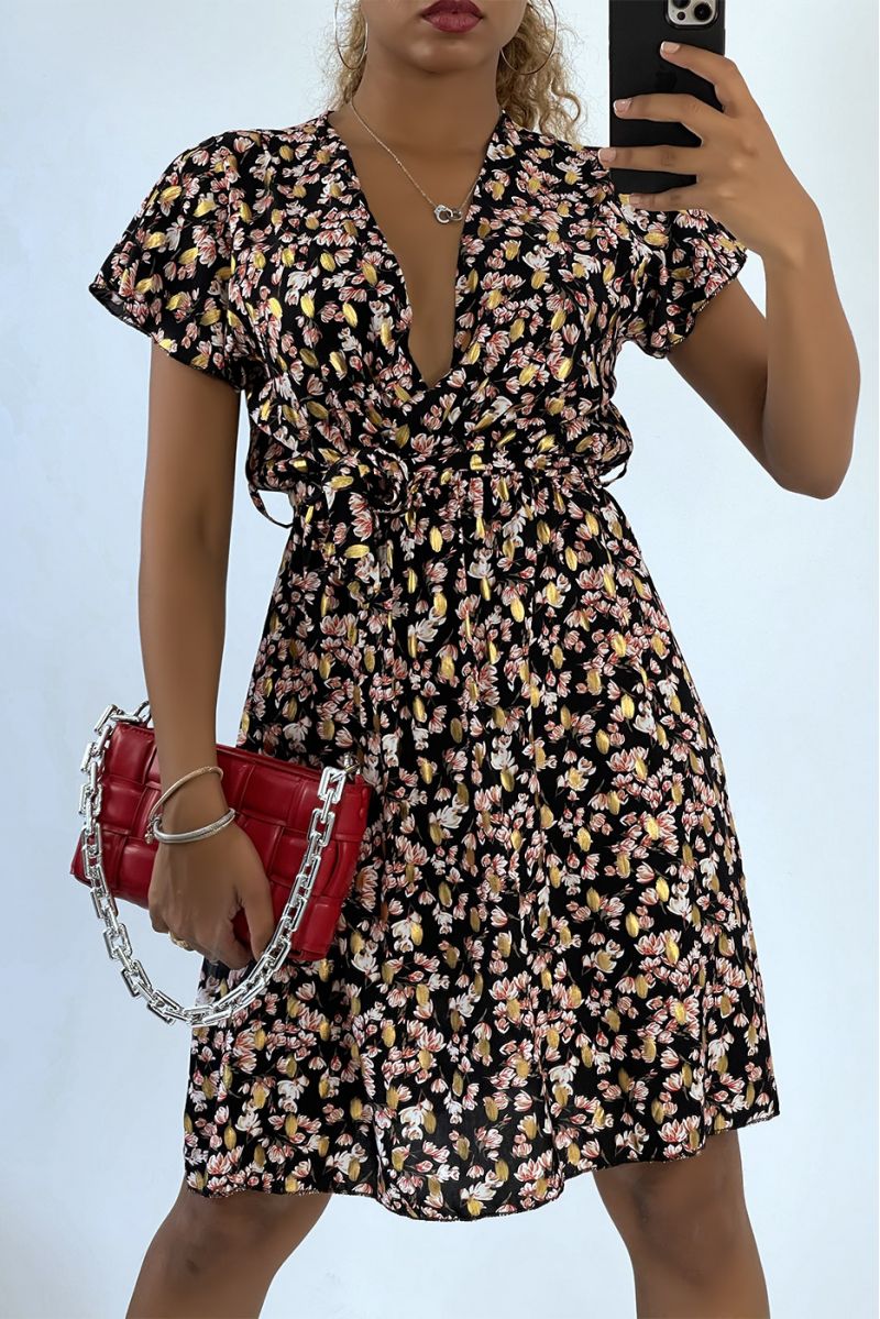 Mid-length wrap dress with black flowers and gold details - 2