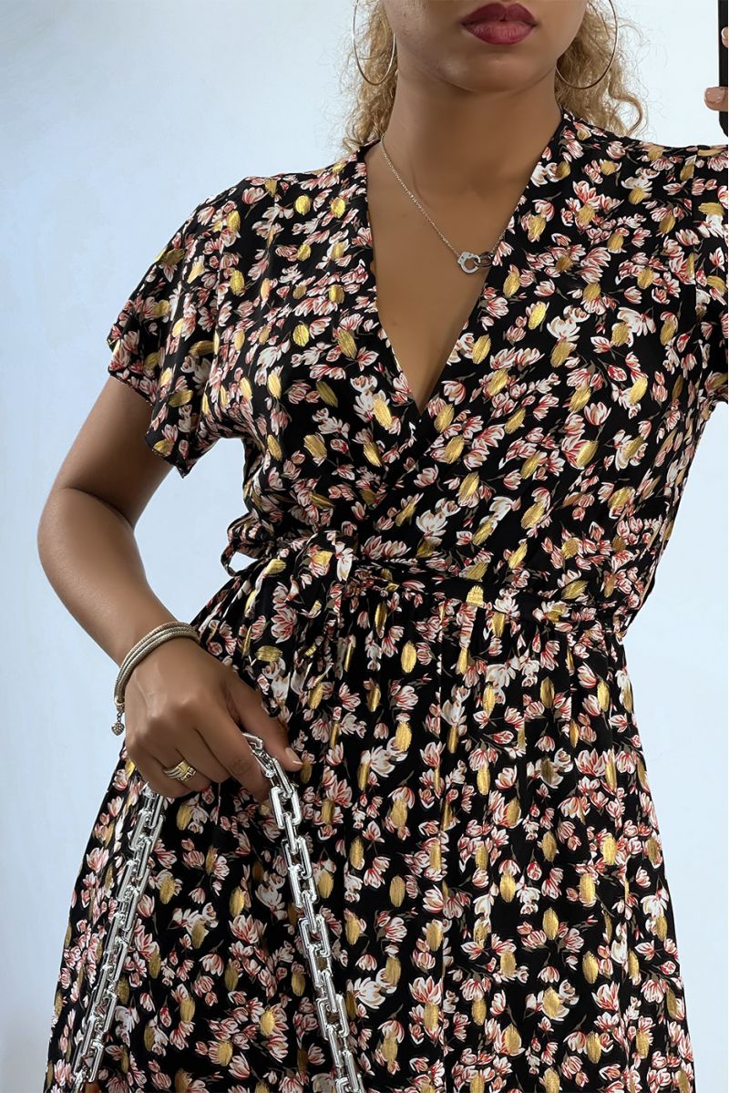 Mid-length wrap dress with black flowers and gold details - 4