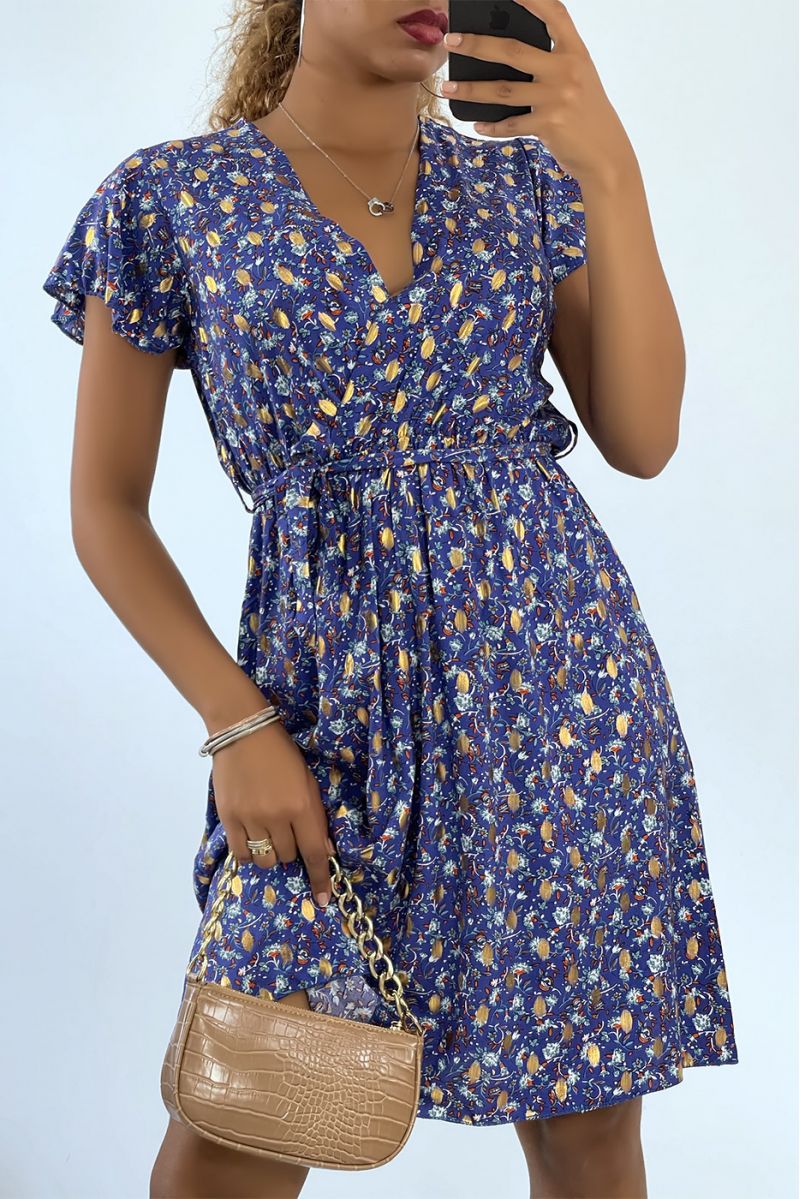 Mid-length wrap dress with blue flowers and gold details - 1