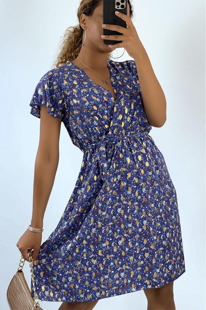 Mid-length wrap dress with blue flowers and gold details - 2