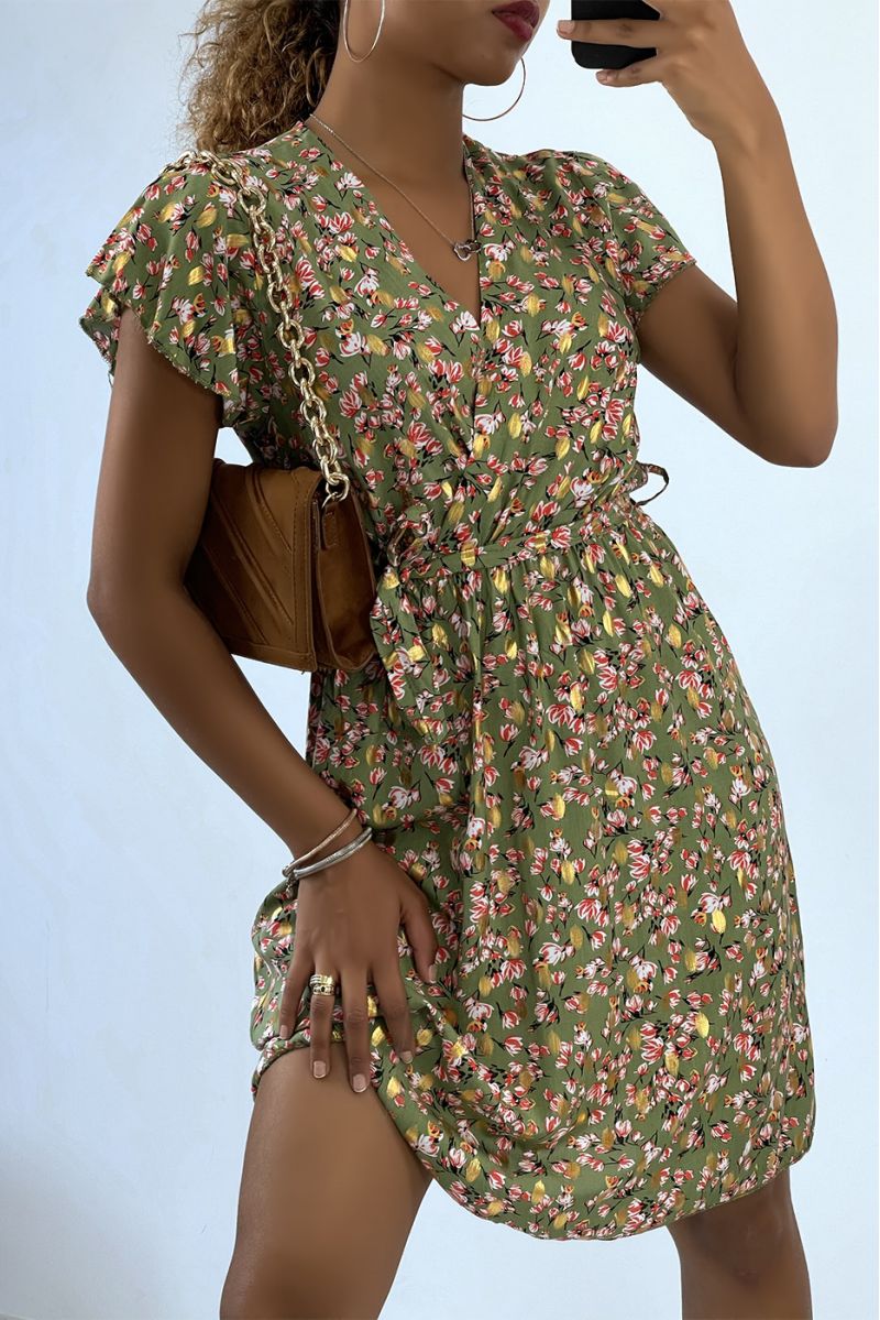 Mid-length wrap dress with khaki flowers and gold details - 1