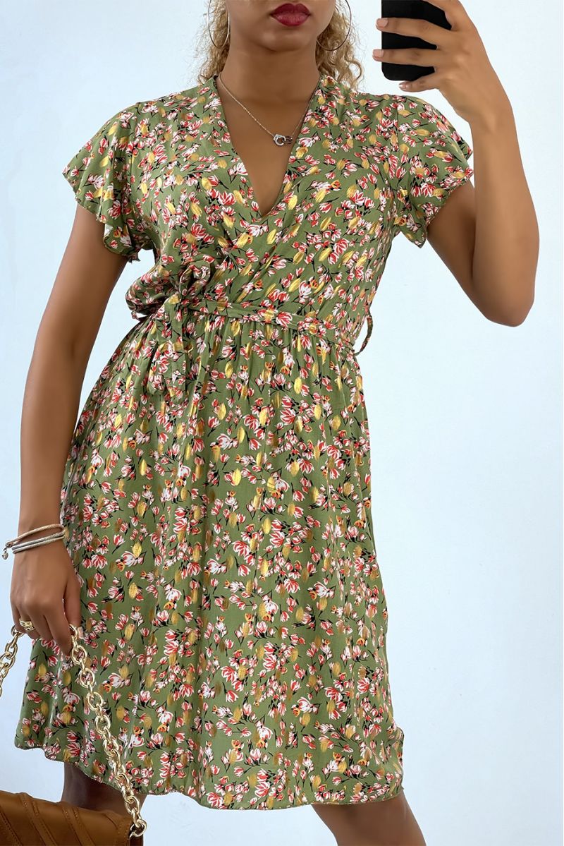 Mid-length wrap dress with khaki flowers and gold details - 2