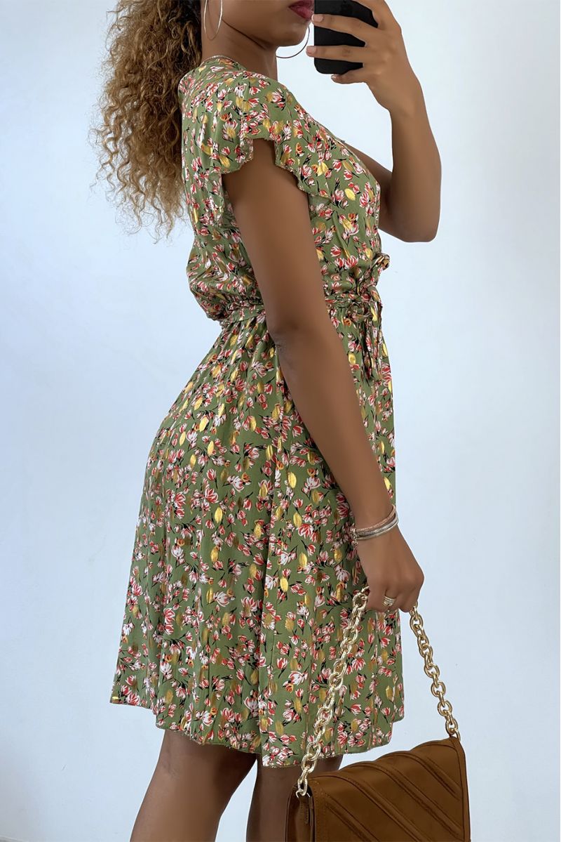 Mid-length wrap dress with khaki flowers and gold details - 3