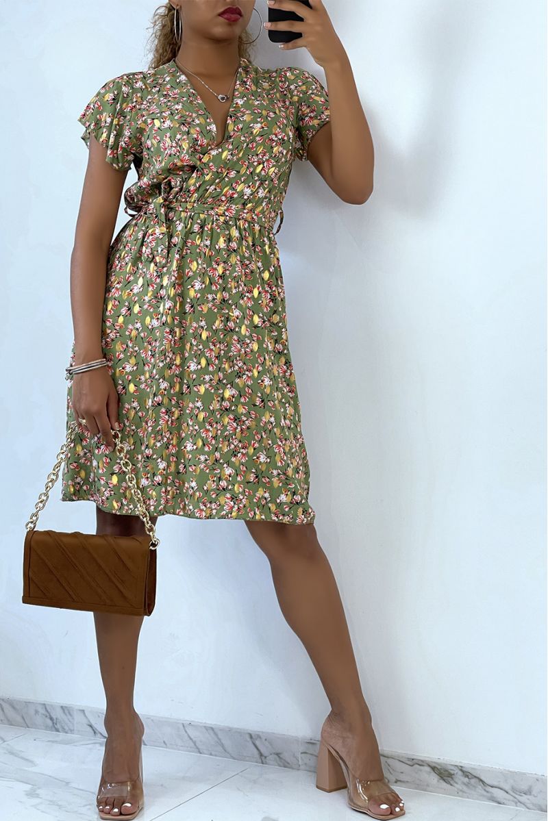 Mid-length wrap dress with khaki flowers and gold details - 4