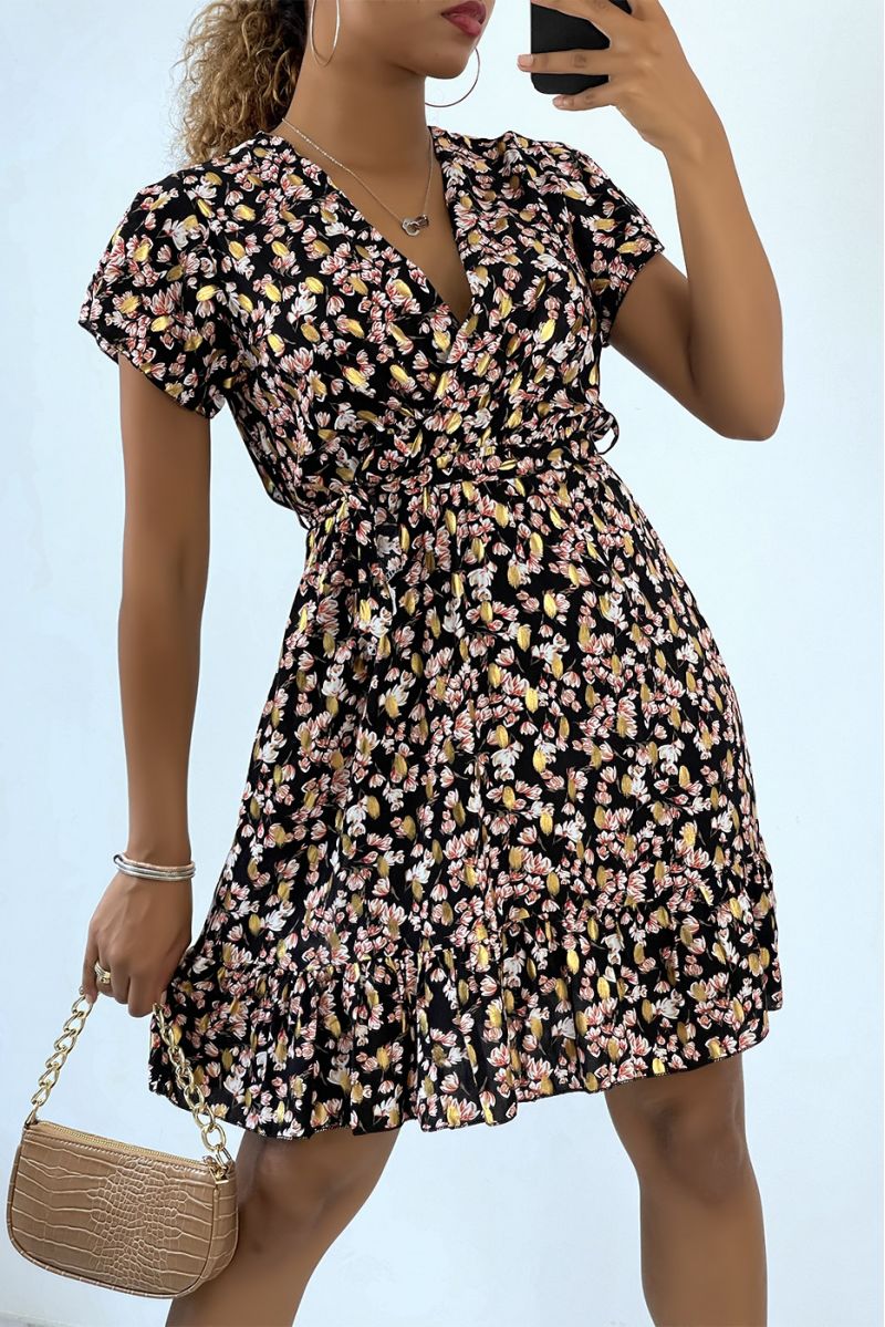 Mid-length wrap dress with black flowers and gold details - 1