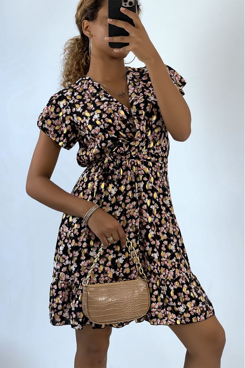 Mid-length wrap dress with black flowers and gold details - 2