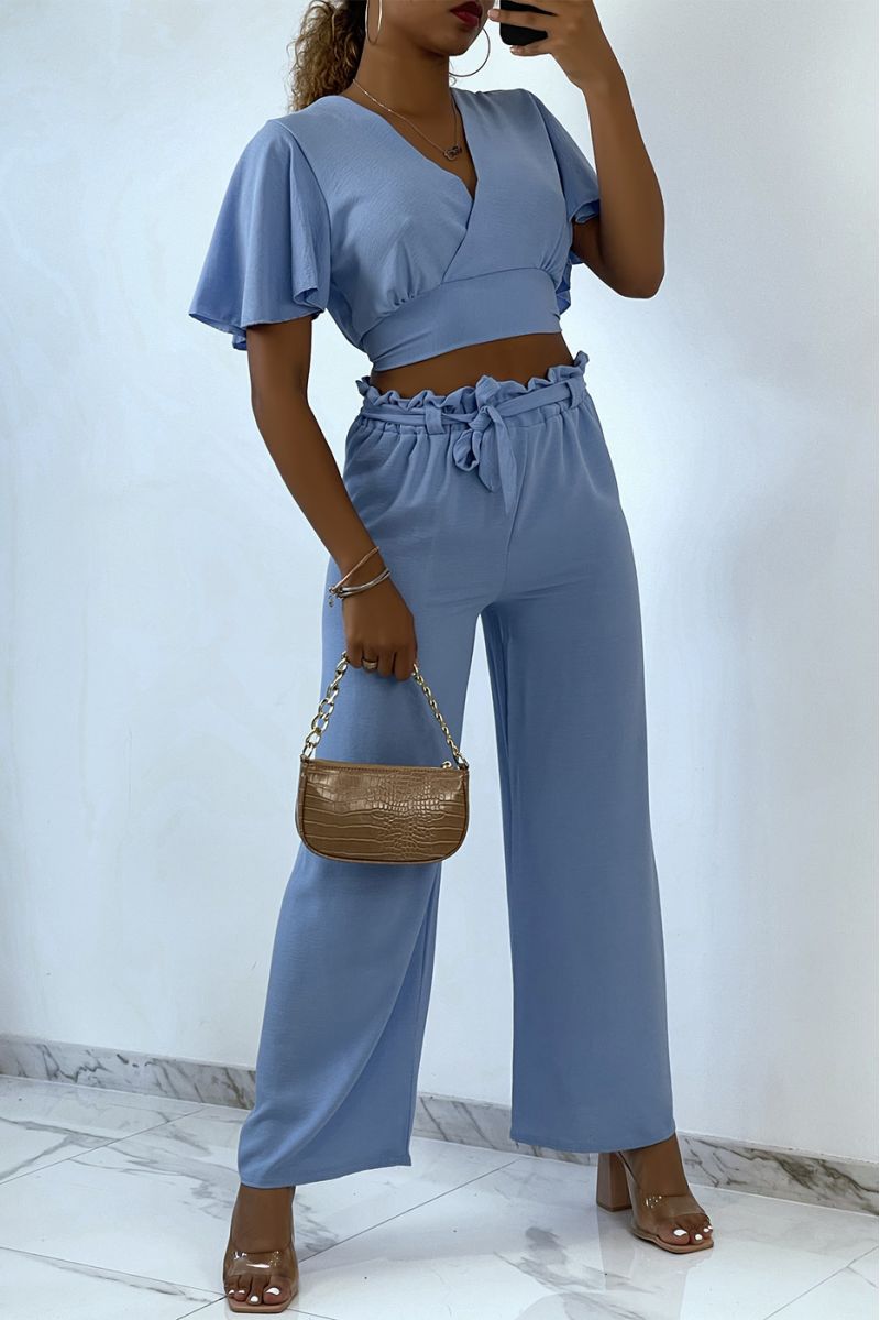 Lightweight sky blue wrap top and wide leg pants set - 2