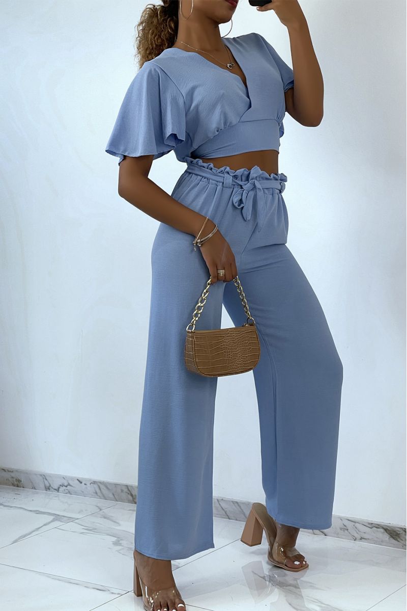 Lightweight sky blue wrap top and wide leg pants set - 3
