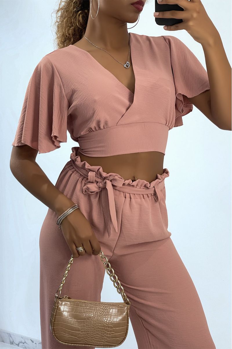 Lightweight pink wrap top and wide leg pants set - 2