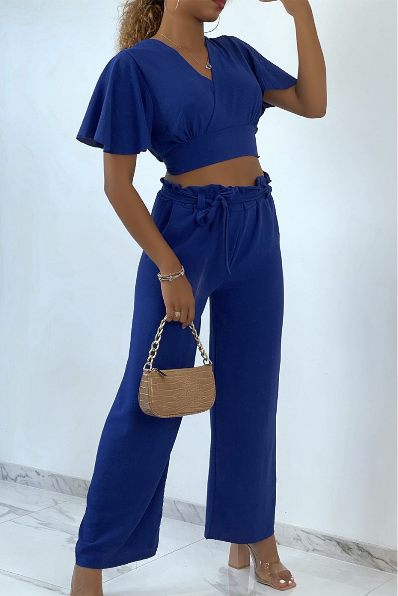 Lightweight royal blue wrap top and wide leg pants set - 1