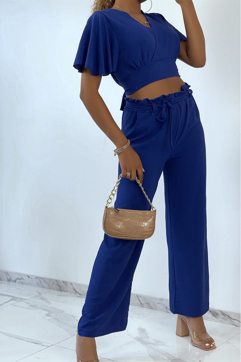 Lightweight royal blue wrap top and wide leg pants set - 3