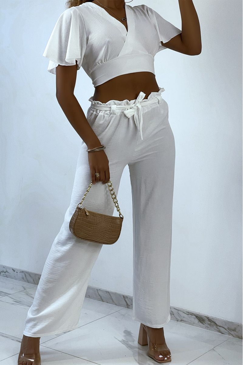 Lightweight white wrap top and wide leg pants set - 1