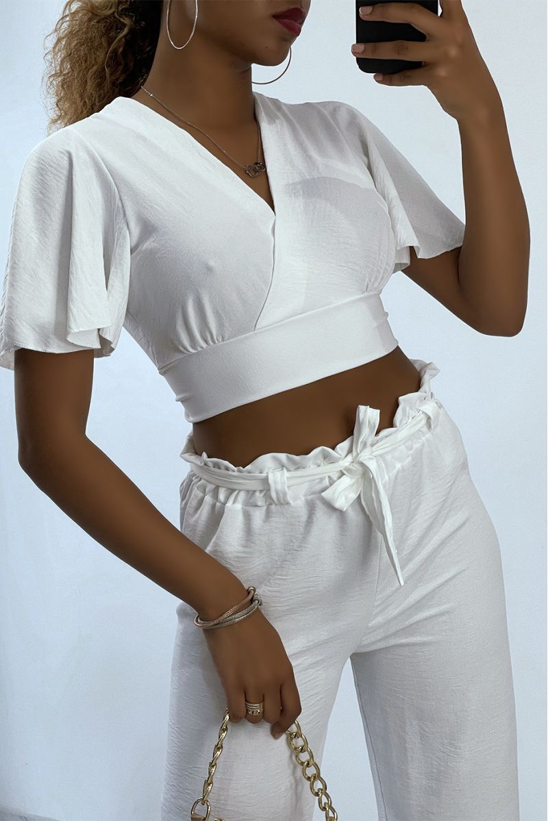 Lightweight white wrap top and wide leg pants set - 2