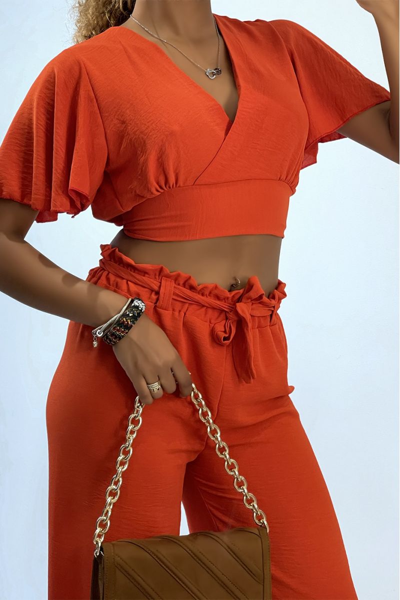 Lightweight orange wrap top and wide leg pants set - 2