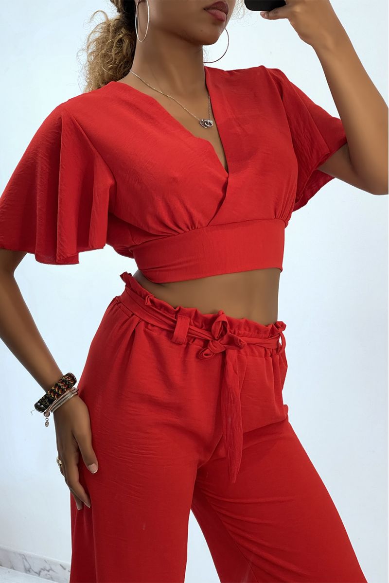 Lightweight red wrap top and wide leg pants set - 2