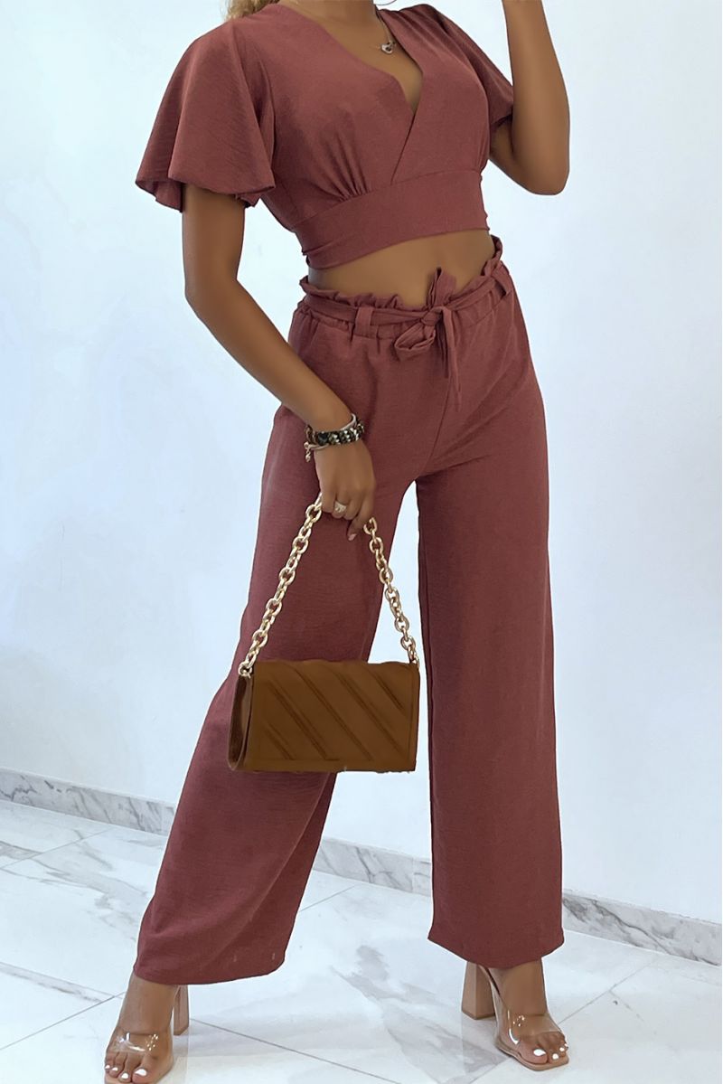Lightweight cognac wrap top and wide leg pants set - 1
