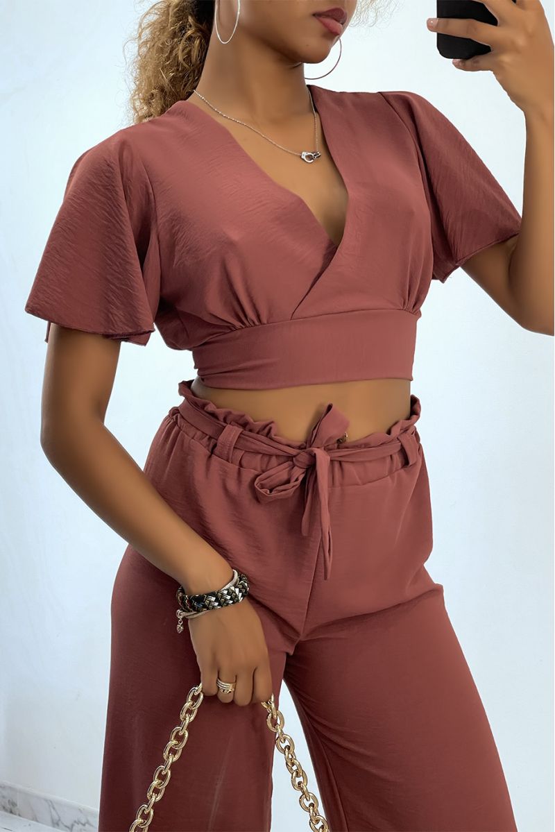 Lightweight cognac wrap top and wide leg pants set - 2