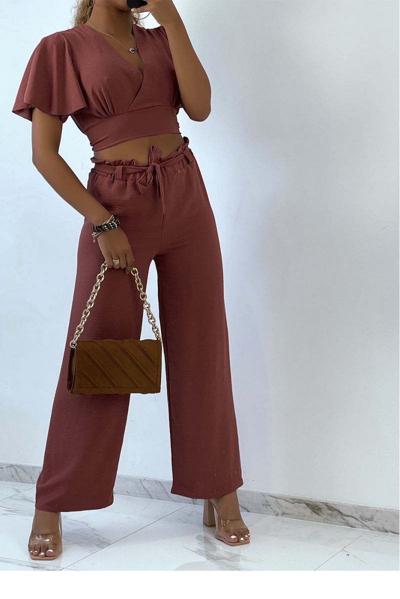 Lightweight cognac wrap top and wide leg pants set - 4