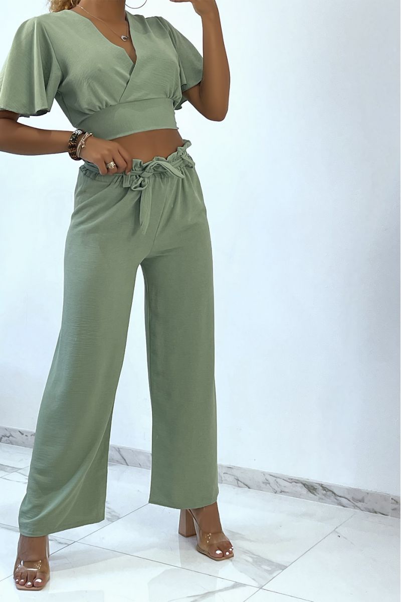 Lightweight sea green wrap top and wide leg pants set - 1