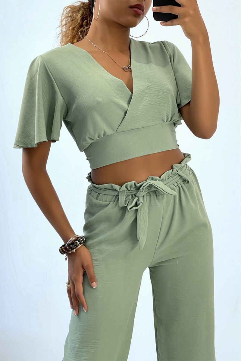 Lightweight sea green wrap top and wide leg pants set - 2