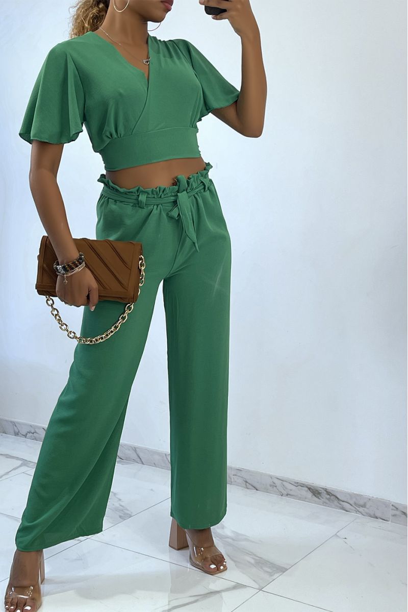 Lightweight green wrap top and wide leg pants set - 1
