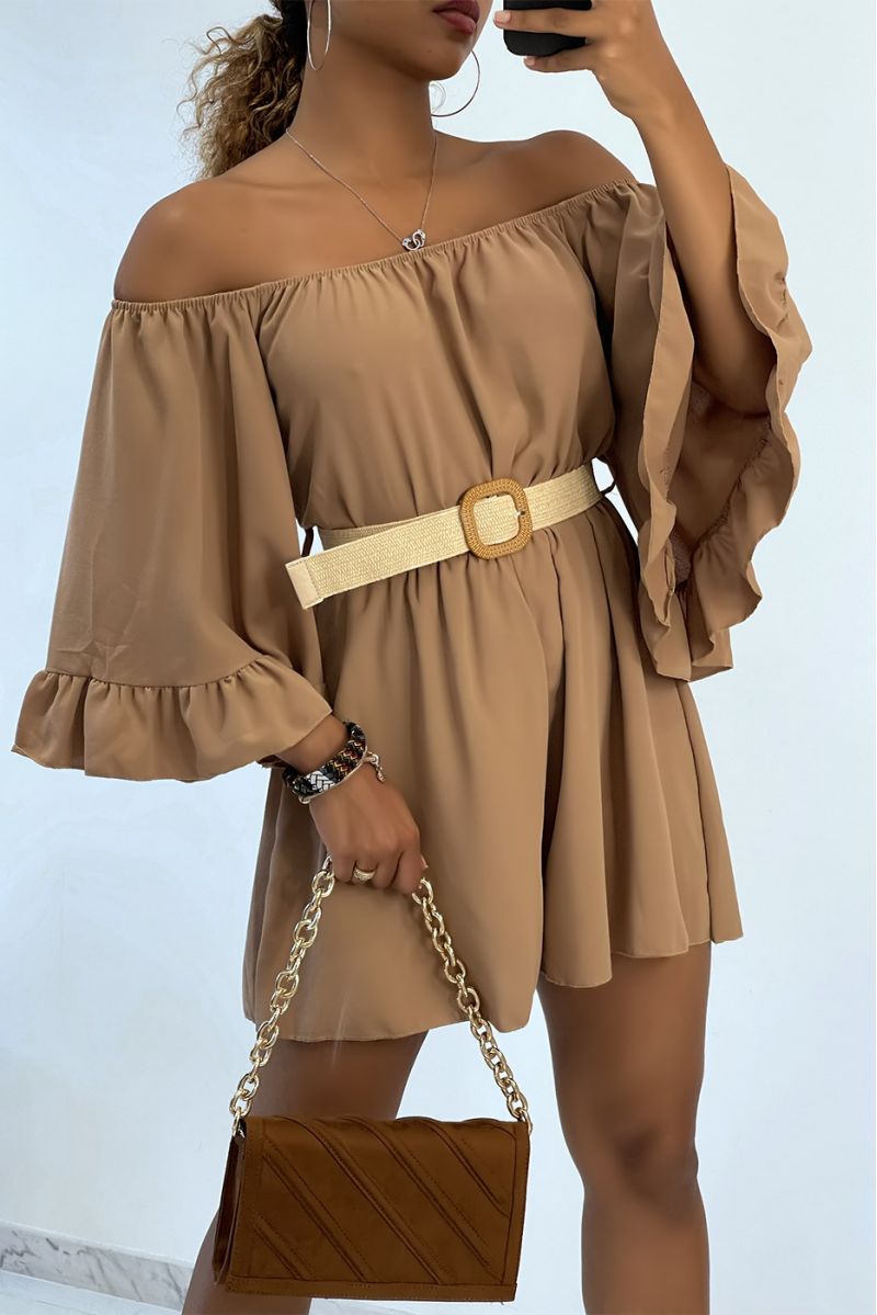 Combishort taupe fluide à épaules tombantes et ceinture bohème  - 1