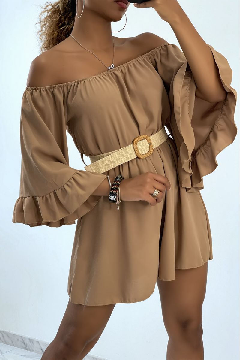 Combishort taupe fluide à épaules tombantes et ceinture bohème  - 4