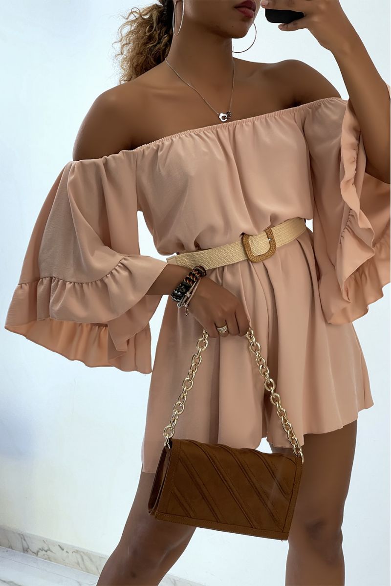 Fluid pink playsuit with dropped shoulders and bohemian belt  - 2