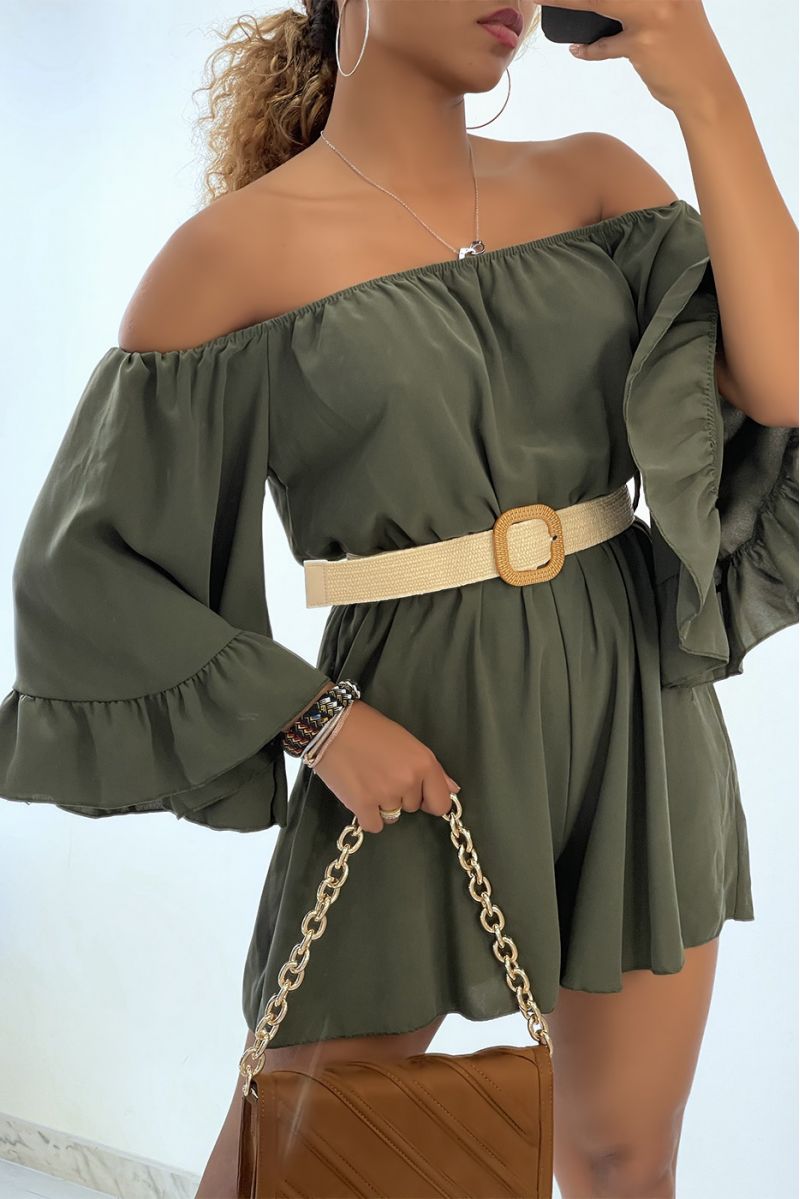 Fluid khaki playsuit with dropped shoulders and bohemian belt  - 2