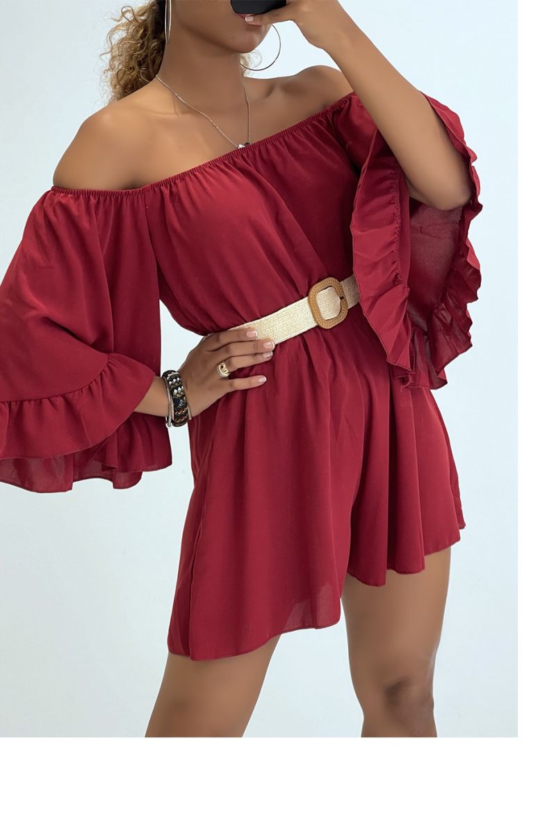 Fluid burgundy playsuit with dropped shoulders and bohemian belt  - 3